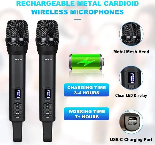 Alt view image 3 of 7 - Dual Rechargeable Wireless Microphones, Pro Handheld Cordless Mics System with ECHO Treble BASS VOL Control for  Singing Church Party, 1/4'' Output, Black
