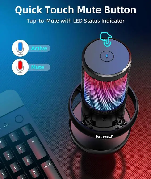 Alt view image 3 of 7 - NJSJ USB Microphone for Computer, Gaming Mic for PC,PS4,PS5 and Mac, Condenser Microphone with 9 RGB Light Modes,Mute Button,Gain Control, Headphones Jack,Desk Streaming Mics for Podcast,YouTube