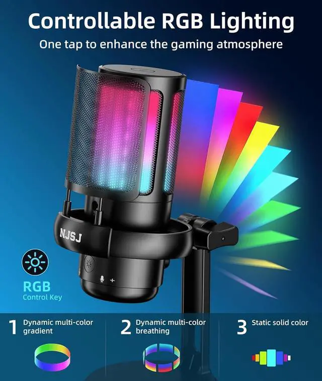 Alt view image 2 of 7 - NJSJ USB Microphone for Computer, Gaming Mic for PC,PS4,PS5 and Mac, Condenser Microphone with 9 RGB Light Modes,Mute Button,Gain Control, Headphones Jack,Desk Streaming Mics for Podcast,YouTube