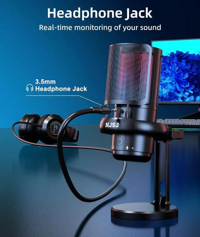 Alt view image 4 of 7 - NJSJ USB Microphone for Computer, Gaming Mic for PC,PS4,PS5 and Mac, Condenser Microphone with 9 RGB Light Modes,Mute Button,Gain Control, Headphones Jack,Desk Streaming Mics for Podcast,YouTube