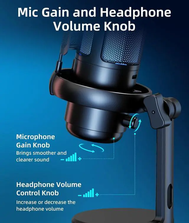 Alt view image 5 of 7 - NJSJ USB Microphone for Computer, Gaming Mic for PC,PS4,PS5 and Mac, Condenser Microphone with 9 RGB Light Modes,Mute Button,Gain Control, Headphones Jack,Desk Streaming Mics for Podcast,YouTube
