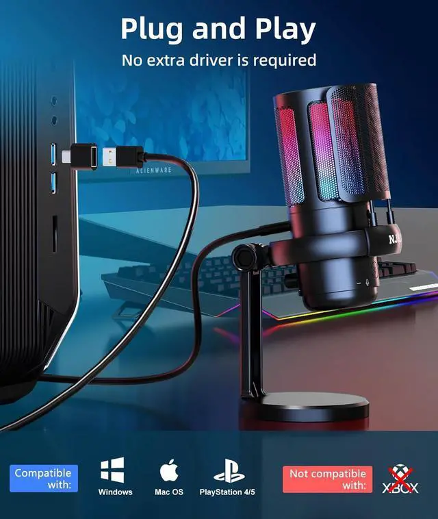 Alt view image 6 of 7 - NJSJ USB Microphone for Computer, Gaming Mic for PC,PS4,PS5 and Mac, Condenser Microphone with 9 RGB Light Modes,Mute Button,Gain Control, Headphones Jack,Desk Streaming Mics for Podcast,YouTube