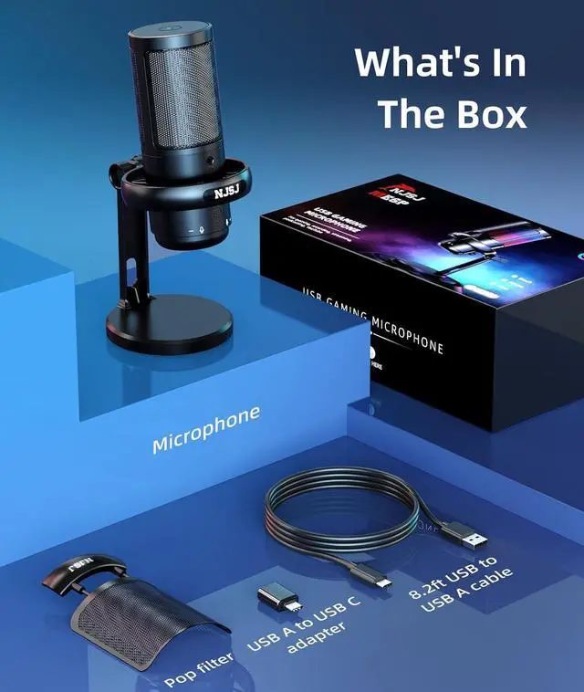 Alt view image 7 of 7 - NJSJ USB Microphone for Computer, Gaming Mic for PC,PS4,PS5 and Mac, Condenser Microphone with 9 RGB Light Modes,Mute Button,Gain Control, Headphones Jack,Desk Streaming Mics for Podcast,YouTube