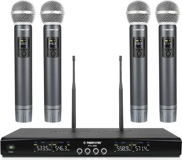 Main image of Phenyx Pro Wireless Microphone System, Metal Wireless Mic Set with 4 Cordless Mics, 4x25 UHF Adjustable Frequencies, 200ft Range, Dynamic Microphones for Singing, , Church, DJ (PTU-5200-4H)