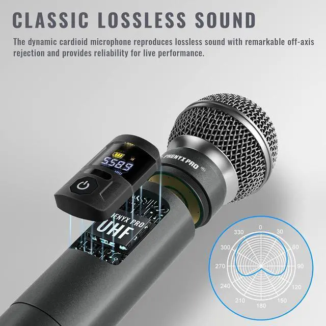 Alt view image 4 of 6 - Phenyx Pro Wireless Microphone System, Metal Wireless Mic Set with 4 Cordless Mics, 4x25 UHF Adjustable Frequencies, 200ft Range, Dynamic Microphones for Singing, , Church, DJ (PTU-5200-4H)