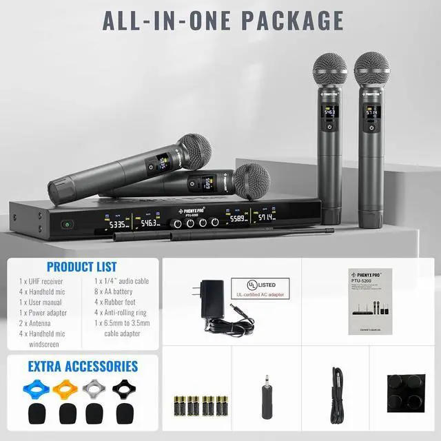 Alt view image 6 of 6 - Phenyx Pro Wireless Microphone System, Metal Wireless Mic Set with 4 Cordless Mics, 4x25 UHF Adjustable Frequencies, 200ft Range, Dynamic Microphones for Singing, , Church, DJ (PTU-5200-4H)