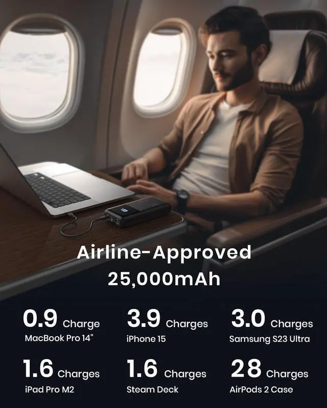 Alt view image 6 of 7 - Power Bank 25000mAh 100W USB C Laptop Portable Charger PD QC Fast Charging 3-Output External Battery Pack for Laptop MacBook  XPS iPad Tablet Steam Deck iPhone 16 15 14 Pro  S22 etc