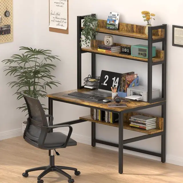Alt view image 2 of 7 - Aquzee Computer Desk with Hutch, 47in Wide Desk with Shelves, Tall Home Office Desk with Bookshelf, Metal Legs Study Table with Upper Storage Shelf for Study Writing/Workstation 47W x 23.6D x 65H