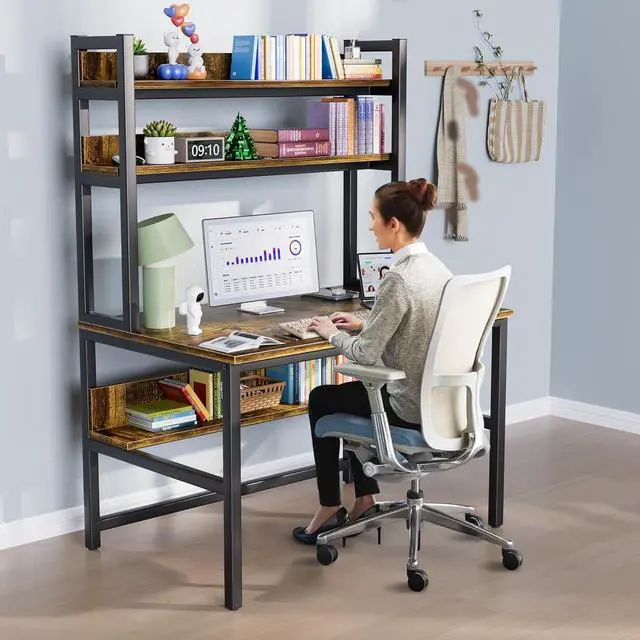 Alt view image 7 of 7 - Aquzee Computer Desk with Hutch, 47in Wide Desk with Shelves, Tall Home Office Desk with Bookshelf, Metal Legs Study Table with Upper Storage Shelf for Study Writing/Workstation 47W x 23.6D x 65H