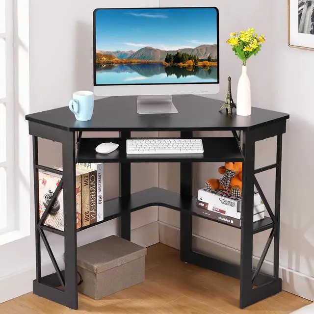 Main image of VECELO Corner Desk Computer Desk Writing Table with Smooth Keyboard Tray & Storage Shelves,Compact Home Office Triangle Table,Black