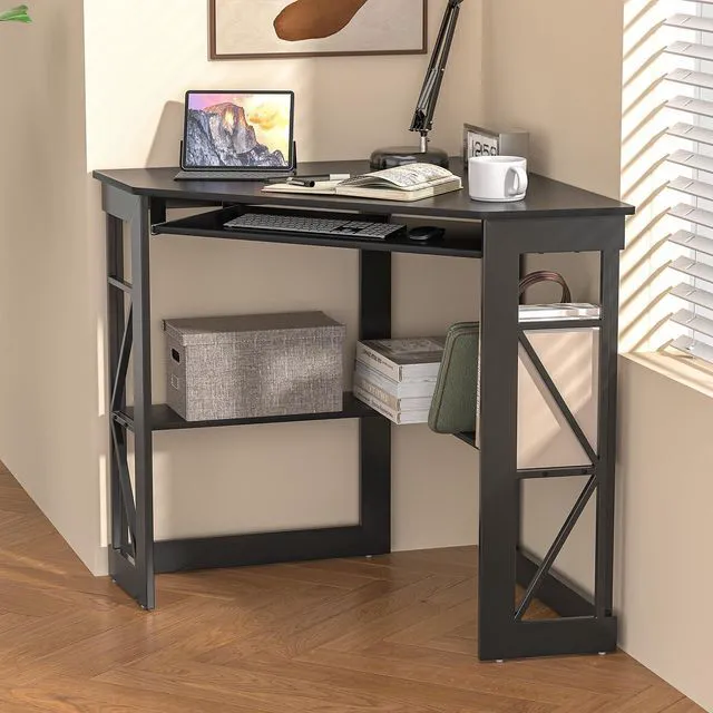 Alt view image 5 of 7 - VECELO Corner Desk Computer Desk Writing Table with Smooth Keyboard Tray & Storage Shelves,Compact Home Office Triangle Table,Black