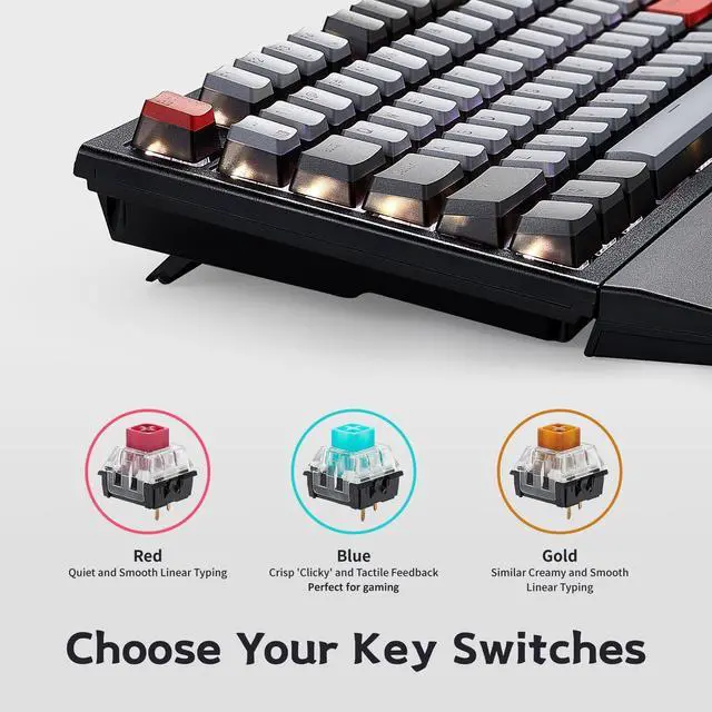 Alt view image 4 of 7 - Hexgears X5 Wireless Mechanical Keyboard Full Size 108 Keys, Kailh Box 3.0 Clicky Switch, Ergonomic, N-Key Rollover, Backlit Gaming Keyboard with Wrist Rest (Dark)