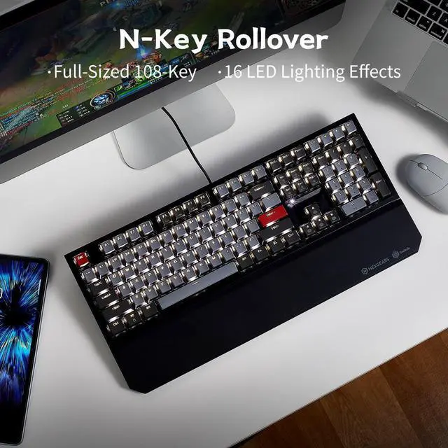 Alt view image 7 of 7 - Hexgears X5 Wireless Mechanical Keyboard Full Size 108 Keys, Kailh Box 3.0 Clicky Switch, Ergonomic, N-Key Rollover, Backlit Gaming Keyboard with Wrist Rest (Dark)