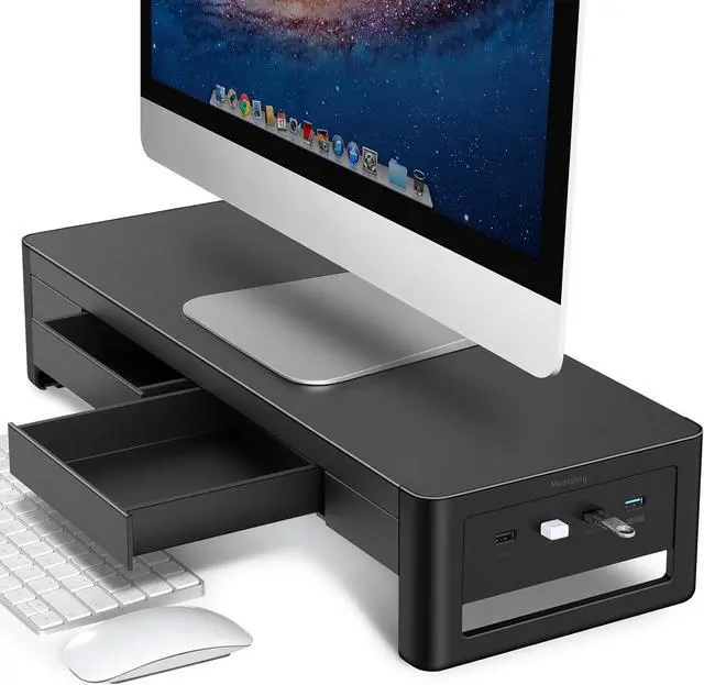 Main image of meatanty 2 in 1 Monitor Stand Riser with 2 Storage Drawers and 4 USB Ports, Metal Computer Monitor Stand Supports Transfer Data and Charging, Desk Organizer for PC,Laptop,iMac (21 inches)
