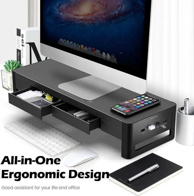 Alt view image 4 of 7 - meatanty 2 in 1 Monitor Stand Riser with 2 Storage Drawers and 4 USB Ports, Metal Computer Monitor Stand Supports Transfer Data and Charging, Desk Organizer for PC,Laptop,iMac (21 inches)