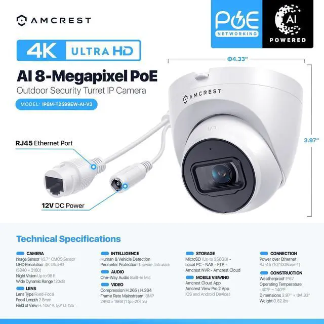 Alt view image 7 of 7 - Amcrest Pack of 2, UltraHD 4K (8MP) Outdoor Security IP Turret PoE Camera, 3840x2160, 98ft NightVision, 125° FOV, IP67, MicroSD Recording (256GB), White (2PACK-IP8M-T2599EW-AI-V3)