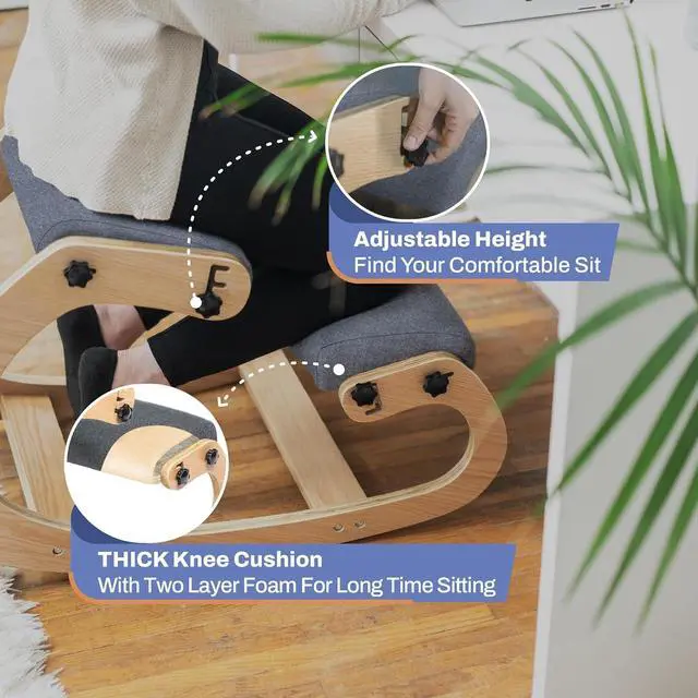 Alt view image 5 of 7 - Ergonomic Kneeling Chair - Rocking Office Chair Adjustable Stool - Knee Chair Posture Chair - Wooden Desk Chair, Ergonomic Chair for Home Office, Office Chair for Back Pain (Grey)