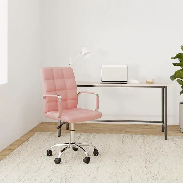 Alt view image 2 of 7 - High Back Desk Chair, Modern PU Leather Home Office Task Chair with Arms, Adjustable Swivel Computer Executive Chair with Wheels (Pink)