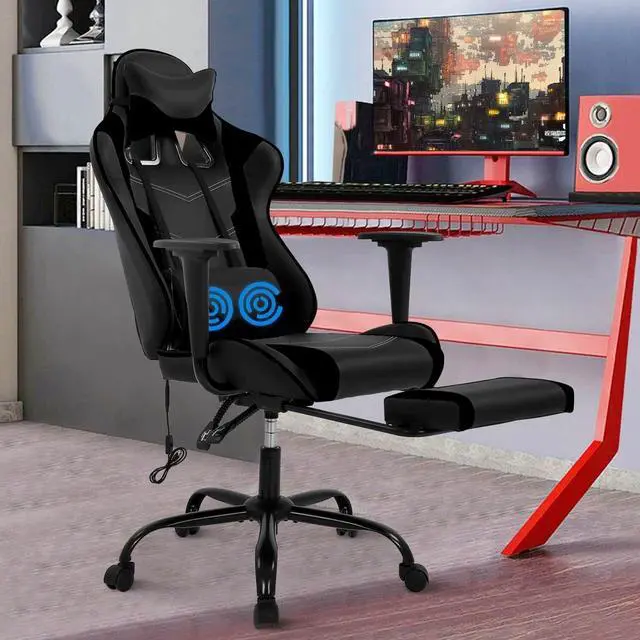 Alt view image 2 of 7 - Massage Gaming Chair with Footrest - Ergonomic PC Office Chair with Lumbar Support, Headrest, Armrest - High Back PU Leather Recliner, Heavy Duty Swivel Gamer Chair, Black