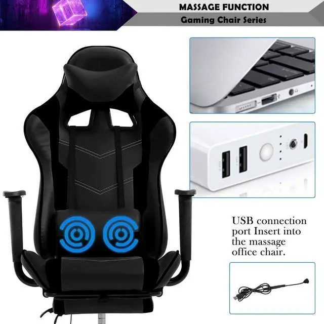 Alt view image 4 of 7 - Massage Gaming Chair with Footrest - Ergonomic PC Office Chair with Lumbar Support, Headrest, Armrest - High Back PU Leather Recliner, Heavy Duty Swivel Gamer Chair, Black