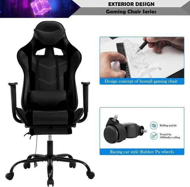 Alt view image 7 of 7 - Massage Gaming Chair with Footrest - Ergonomic PC Office Chair with Lumbar Support, Headrest, Armrest - High Back PU Leather Recliner, Heavy Duty Swivel Gamer Chair, Black