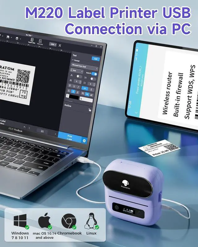 Alt view image 3 of 7 - Phomemo M220 Label Maker, Bluetooth Thermal Label Maker for Barcode, Address, Home, Mailing, Small Business,Clothing, Portable Wireless Label Printer with 1 Rolls Label, Purple