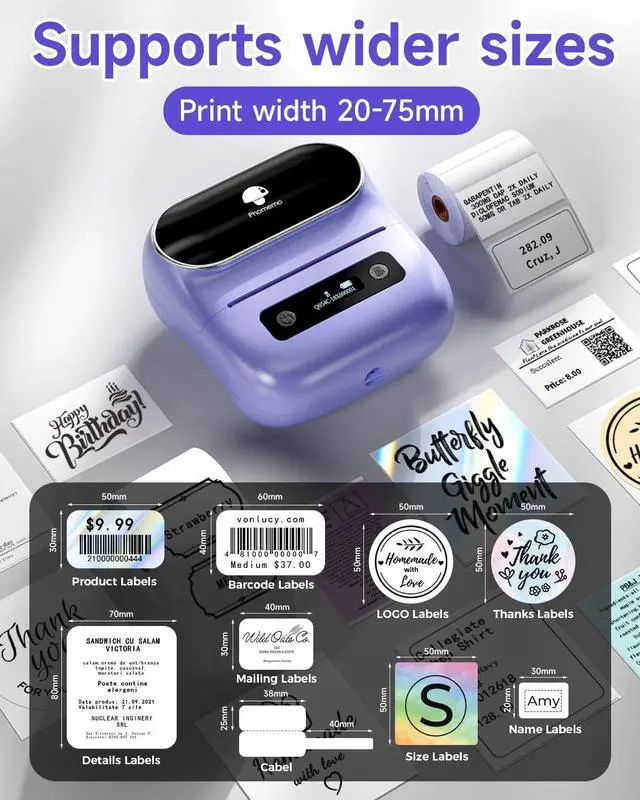 Alt view image 4 of 7 - Phomemo M220 Label Maker, Bluetooth Thermal Label Maker for Barcode, Address, Home, Mailing, Small Business,Clothing, Portable Wireless Label Printer with 1 Rolls Label, Purple