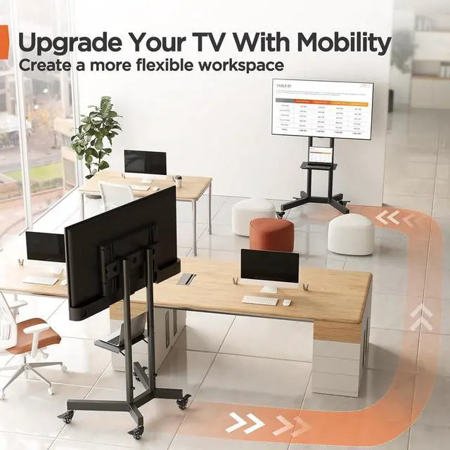 Alt view image 5 of 7 - Rolling TV Stand for 32-85 Inch Screens up to 132 lbs, Height Adjustable Mobile TV Stand for LCD OLED 4K Flat/Curved Panels, TV Cart Outdoor TV Stand with Lockable Wheels Max VESA 600x400