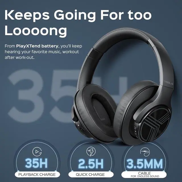 Alt view image 4 of 7 - TREBLAB Z2 Active Noise Cancelling Workout Headphones - Signature-HD Sound, Deep Bass, 35H Battery, Comfortable, Foldable Over Ear Bluetooth Headphones Wireless. for Gym, Sport, Travel. Mic for Calls