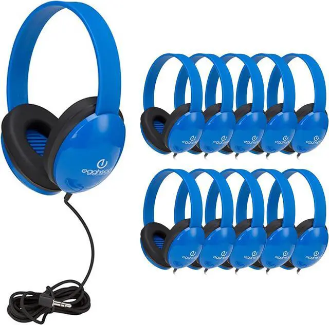 Main image of Egghead Heavy-Duty Kids' Headphones with Padded Ear Cups and 6' Cord, Adjustable Tangle-Free Plastic Classroom Headphones for Kids, Pack of 10, Blue
