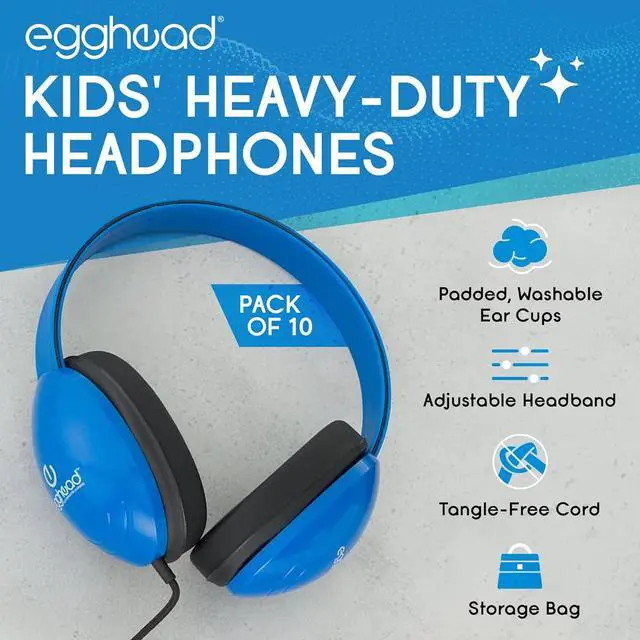 Alt view image 3 of 7 - Egghead Heavy-Duty Kids' Headphones with Padded Ear Cups and 6' Cord, Adjustable Tangle-Free Plastic Classroom Headphones for Kids, Pack of 10, Blue