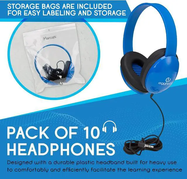 Alt view image 4 of 7 - Egghead Heavy-Duty Kids' Headphones with Padded Ear Cups and 6' Cord, Adjustable Tangle-Free Plastic Classroom Headphones for Kids, Pack of 10, Blue