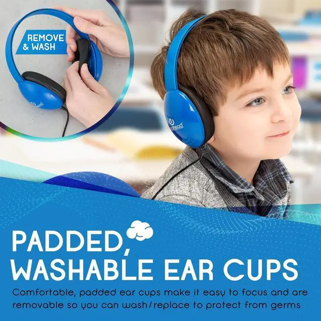 Alt view image 5 of 7 - Egghead Heavy-Duty Kids' Headphones with Padded Ear Cups and 6' Cord, Adjustable Tangle-Free Plastic Classroom Headphones for Kids, Pack of 10, Blue