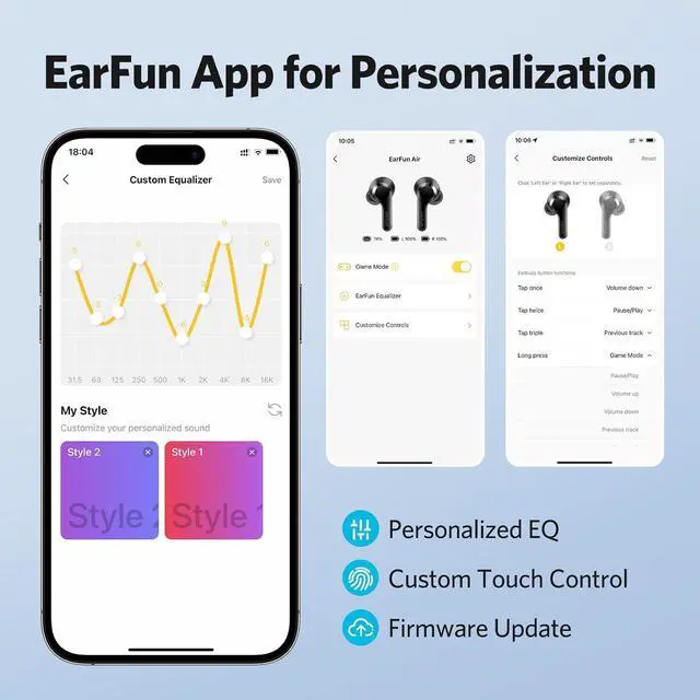 Alt view image 4 of 7 - EarFun® Air True Wireless Earbuds, Bluetooth Earbuds with 4 Mics, Sweatshield IPX7 Waterproof with Volume Control, USB-C Fast Charge, in-Ear Headphones with Wireless Charging, Deep Bass, 35H Playtime