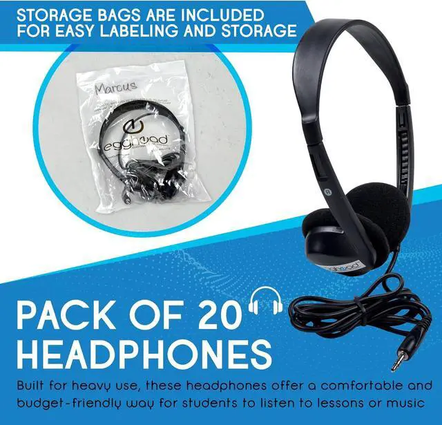 Alt view image 3 of 7 - Egghead Over-Ear Kids' Stereo Headphones with 3.5 mm. Audio Jack and 4'3" Cord, Adjustable Stereo School Headphones for Kids, Pack of 20, Black