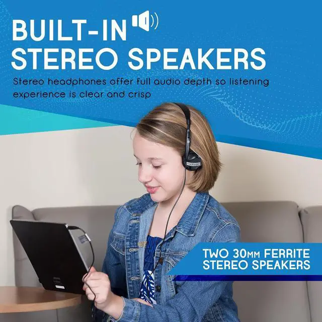 Alt view image 5 of 7 - Egghead Over-Ear Kids' Stereo Headphones with 3.5 mm. Audio Jack and 4'3" Cord, Adjustable Stereo School Headphones for Kids, Pack of 20, Black