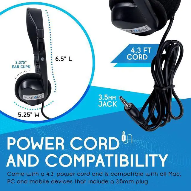 Alt view image 7 of 7 - Egghead Over-Ear Kids' Stereo Headphones with 3.5 mm. Audio Jack and 4'3" Cord, Adjustable Stereo School Headphones for Kids, Pack of 20, Black