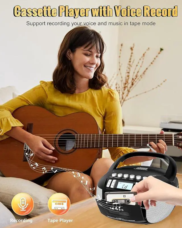 Alt view image 2 of 7 - CD and Cassette Player Combo, Boombox CD Player Portable with AM/FM Radio, Tape Recording, Stereo Sound, AC/DC Powered, AUX/Headphone Jack, Sleep Timer for Home, Senior, Child