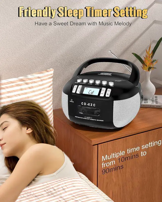 Alt view image 6 of 7 - CD and Cassette Player Combo, Boombox CD Player Portable with AM/FM Radio, Tape Recording, Stereo Sound, AC/DC Powered, AUX/Headphone Jack, Sleep Timer for Home, Senior, Child