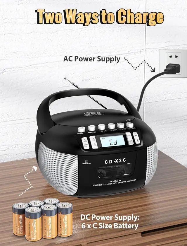 Alt view image 7 of 7 - CD and Cassette Player Combo, Boombox CD Player Portable with AM/FM Radio, Tape Recording, Stereo Sound, AC/DC Powered, AUX/Headphone Jack, Sleep Timer for Home, Senior, Child