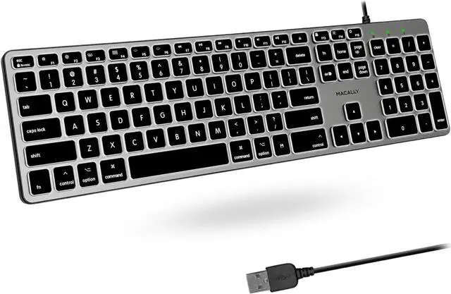 Main image of Macally Backlit Mac Keyboard Wired - Quiet, Sleek, and Functional - 3 Brightness Levels, 107 Keys - 5ft USB Wired Apple Keyboard - Backlit Wired Keyboard for Mac, iMac, MacBook Pro/Air - Space Gray