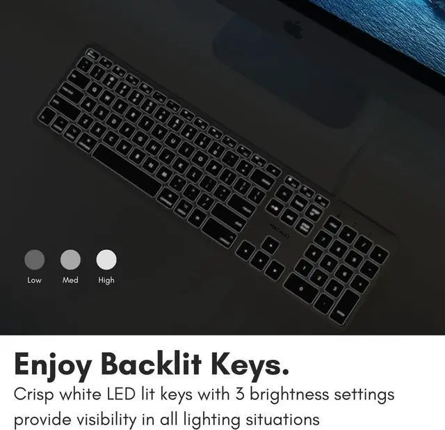 Alt view image 2 of 7 - Macally Backlit Mac Keyboard Wired - Quiet, Sleek, and Functional - 3 Brightness Levels, 107 Keys - 5ft USB Wired Apple Keyboard - Backlit Wired Keyboard for Mac, iMac, MacBook Pro/Air - Space Gray