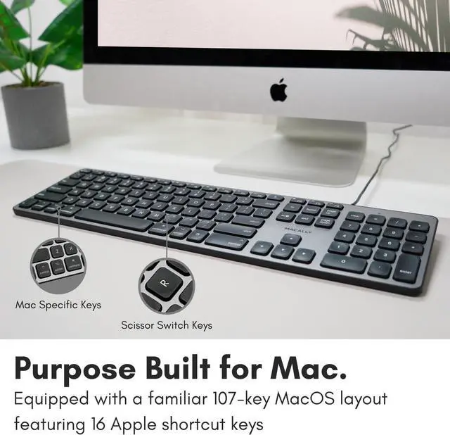 Alt view image 3 of 7 - Macally Backlit Mac Keyboard Wired - Quiet, Sleek, and Functional - 3 Brightness Levels, 107 Keys - 5ft USB Wired Apple Keyboard - Backlit Wired Keyboard for Mac, iMac, MacBook Pro/Air - Space Gray