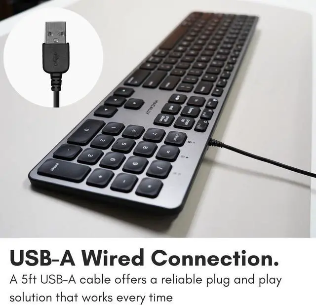 Alt view image 4 of 7 - Macally Backlit Mac Keyboard Wired - Quiet, Sleek, and Functional - 3 Brightness Levels, 107 Keys - 5ft USB Wired Apple Keyboard - Backlit Wired Keyboard for Mac, iMac, MacBook Pro/Air - Space Gray