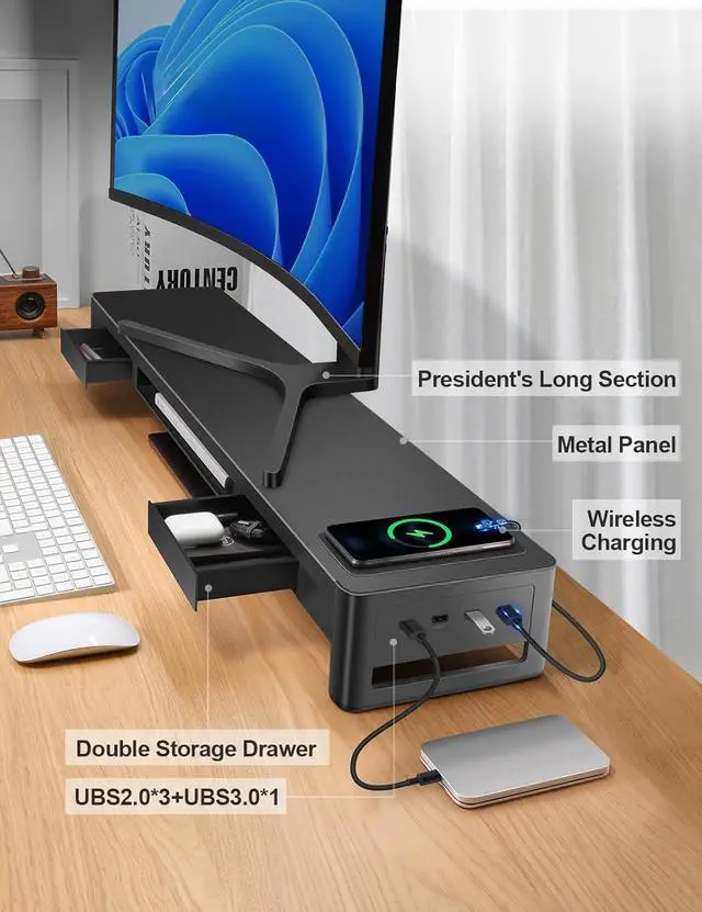 Alt view image 4 of 7 - meatanty Dual Monitor Stand Riser with 2 Drawers,4 USB Ports and Charging Pad,Metal Monitor Stand for 2 Monitors Supports Transfer Data and Charging,Desk Organizer for PC,iMac(38.7 inches)
