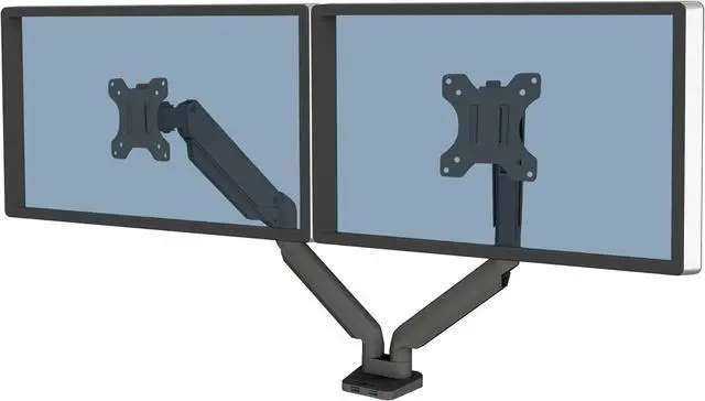 Main image of Fellowes Platinum Series Dual Monitor Arm for 40-Inch Monitors, Full Motion, 360° Rotation, VESA Mount with Grommet or Clamp, USB Ports, Ergonomic, Black, 8042501