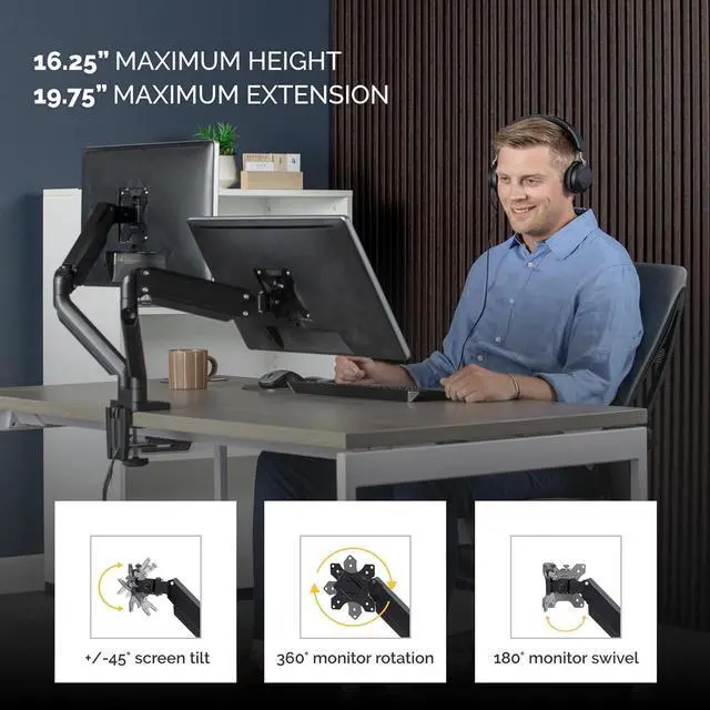 Alt view image 3 of 7 - Fellowes Platinum Series Dual Monitor Arm for 40-Inch Monitors, Full Motion, 360° Rotation, VESA Mount with Grommet or Clamp, USB Ports, Ergonomic, Black, 8042501