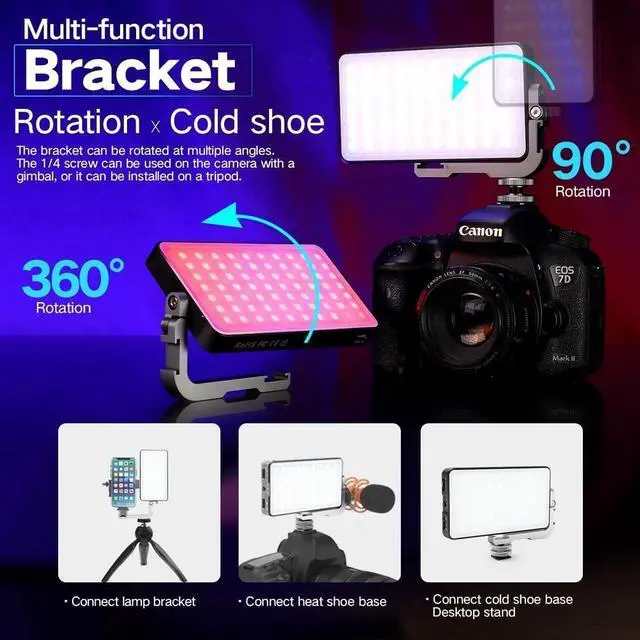 Alt view image 2 of 6 - RGB Camera Light,32Wh Built-in 4300mAh Rechargeable Battery 360°Full Color Gamut 9 Light Effects,2600-10000K LED Video Light Panel with Aluminum Alloy Body, Adjustable Tripod Stand