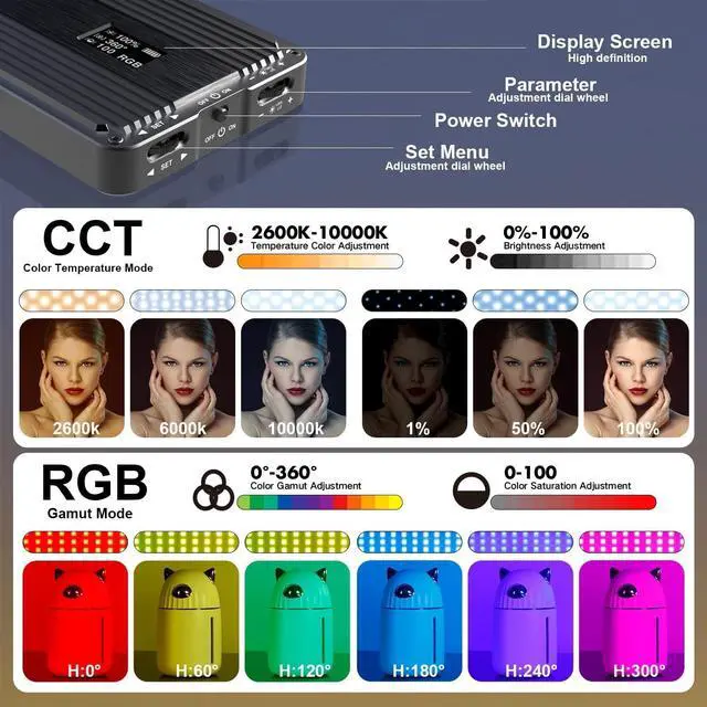 Alt view image 3 of 6 - RGB Camera Light,32Wh Built-in 4300mAh Rechargeable Battery 360°Full Color Gamut 9 Light Effects,2600-10000K LED Video Light Panel with Aluminum Alloy Body, Adjustable Tripod Stand