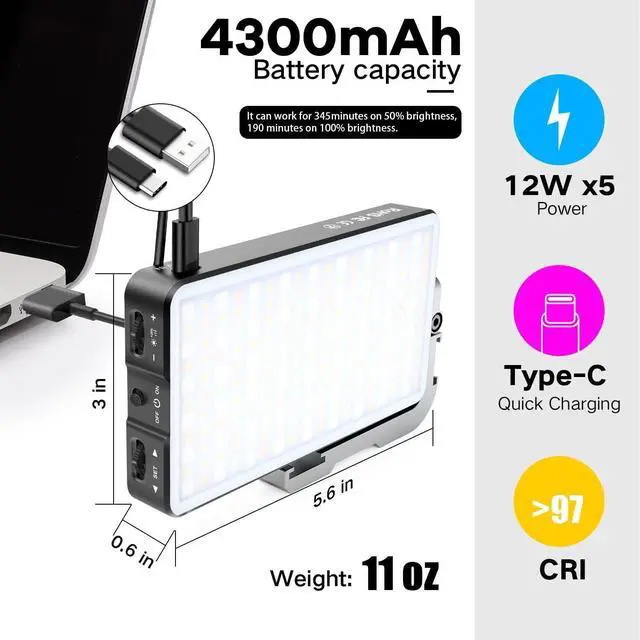 Alt view image 5 of 6 - RGB Camera Light,32Wh Built-in 4300mAh Rechargeable Battery 360°Full Color Gamut 9 Light Effects,2600-10000K LED Video Light Panel with Aluminum Alloy Body, Adjustable Tripod Stand